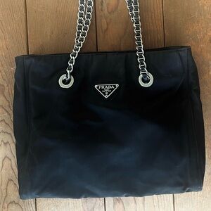 PRADA Tessuto Vela shoulder bag/tote- leather trim and silver chains 90s vintage